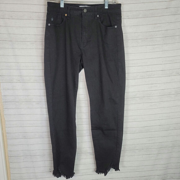 KANCAN SHARK BITE RAW HEM BUTTON FRONT JEANS IN BLACK, SZ 11/29 - Picture 1 of 11